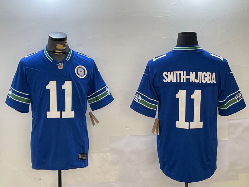 Men Seattle Seahawks 11 Smith-Njigba Blue Throwback Three generation 2024 Nike Limited NFL Jersey style 2